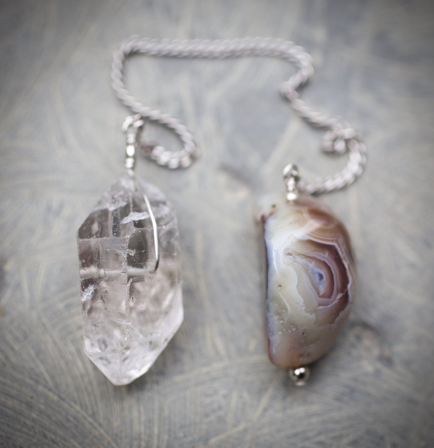 Double Termination Clear Quartz Warrior Crystal, Botswana Agate, and Sterling Silver Double-sided Pendulum
