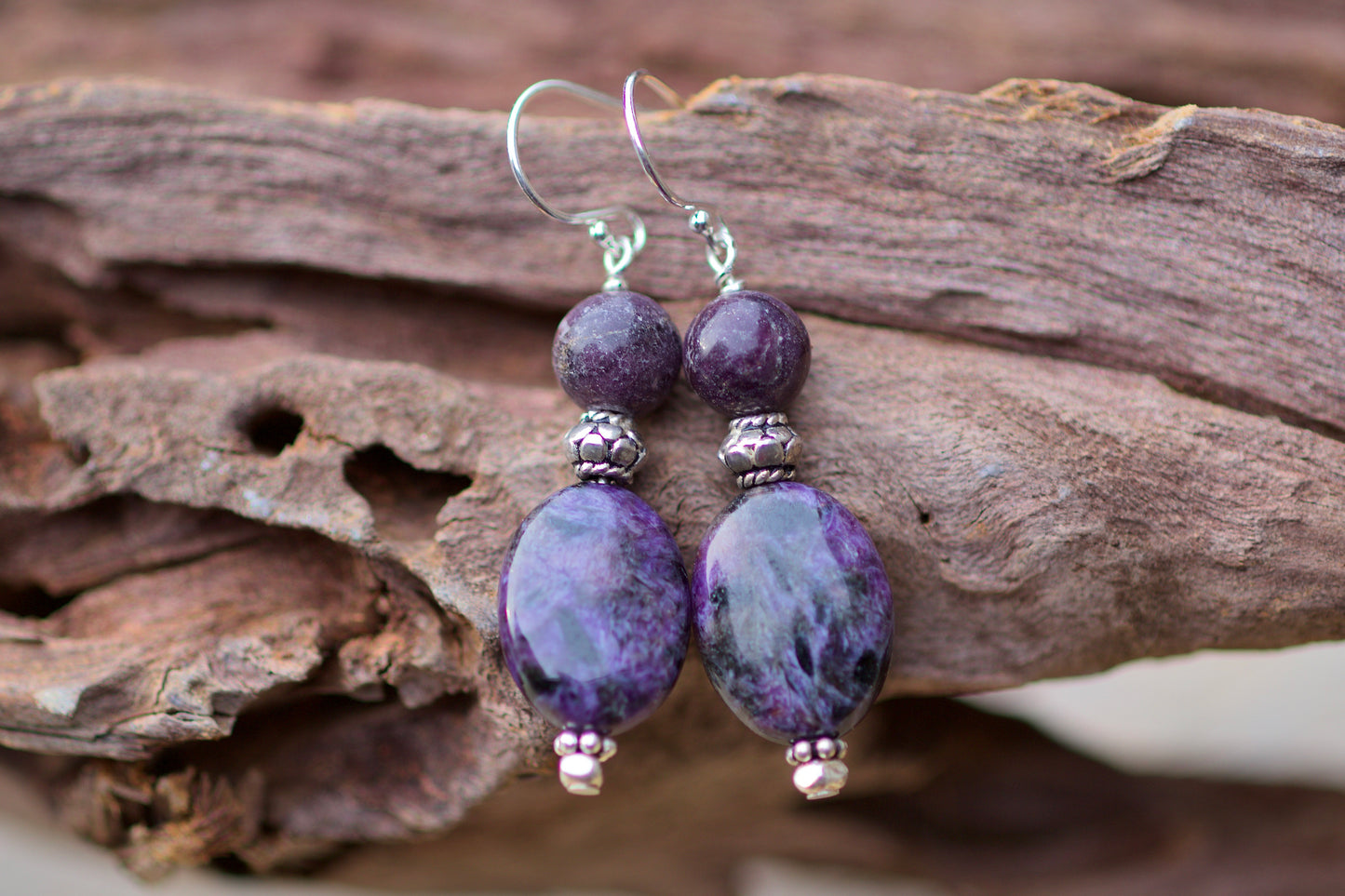Charoite, Lepidolite, and Sterling Silver Earrings