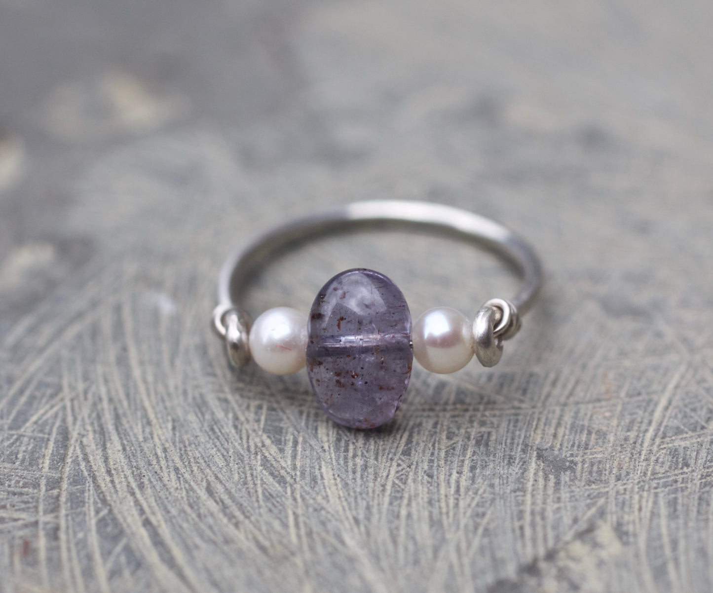 Iolite, Freshwater Pearl, and Sterling Silver Ring, size 8