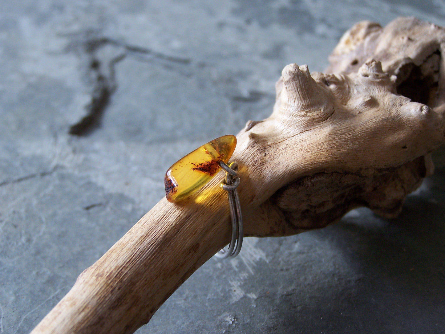Amber and Sterling Silver Wire Ring, size 7.5