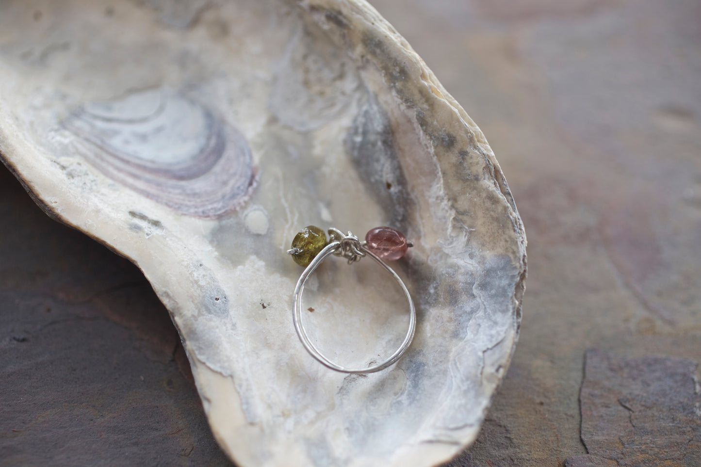 Green and Pink Spinel and Sterling Silver Wire Ring, size 9