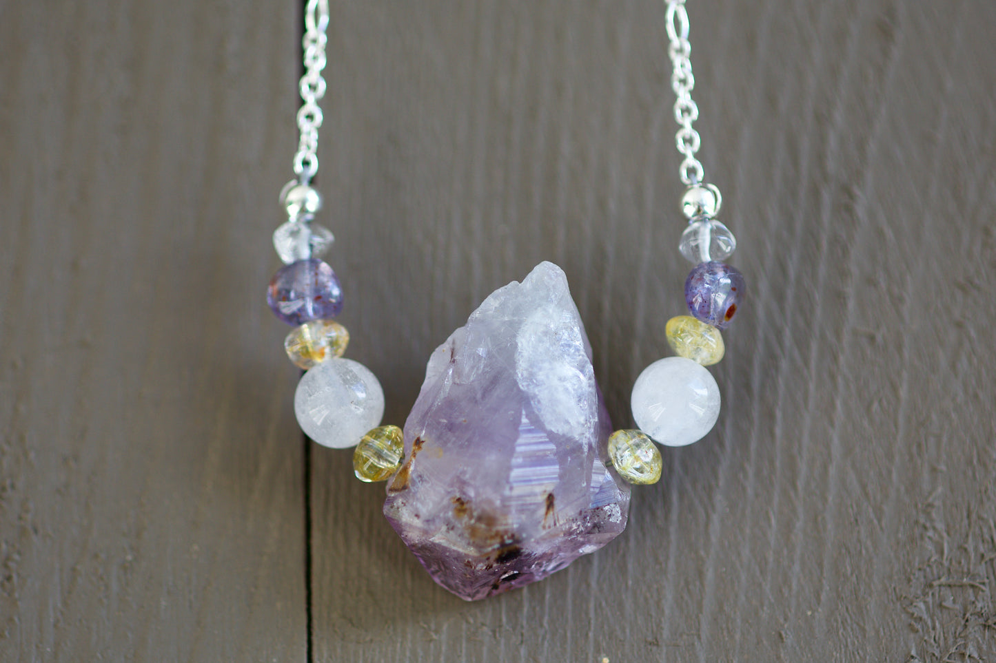 Amethyst Crystal Point with Inclusions, Clear Quartz, Milky Quartz, Iolite, and Sterling Silver Necklace