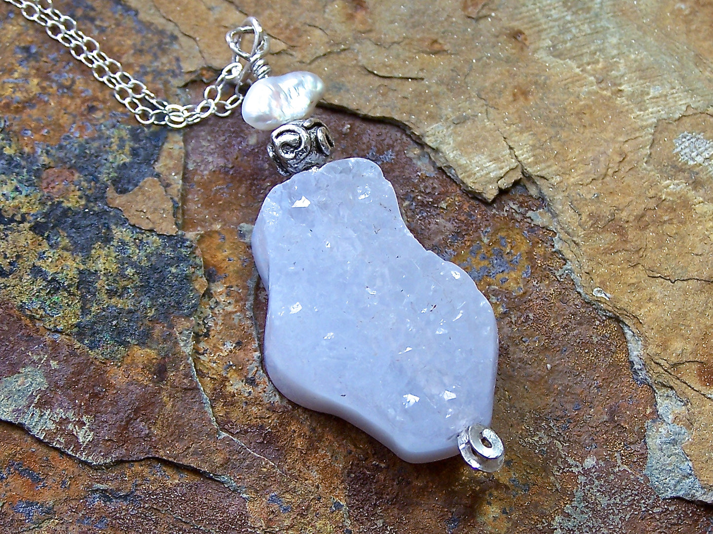 Sale! Drusy Blue Lace Agate, Freshwater Pearl, and Sterling Silver Pendant Necklace