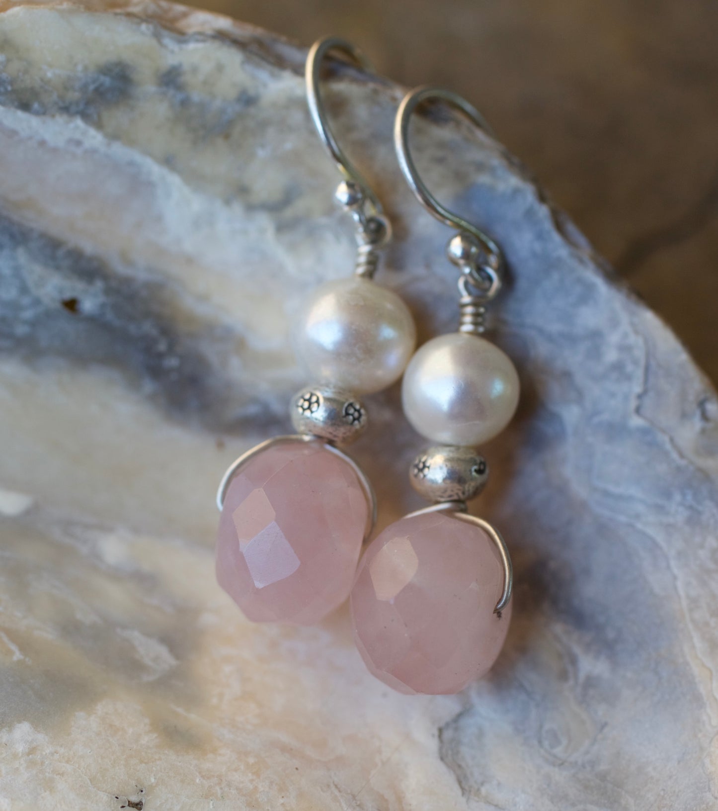 Freshwater Pearl, Rose Quartz, Thai and Sterling Silver Earrings