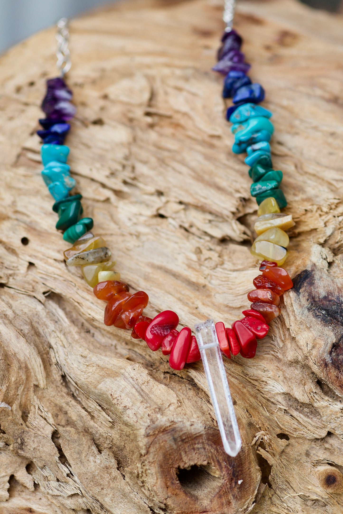 Rainbow / Pride / Chakra Stones, Clear Quartz Dow Crystal, and Sterling Silver Adjustable Length Necklace