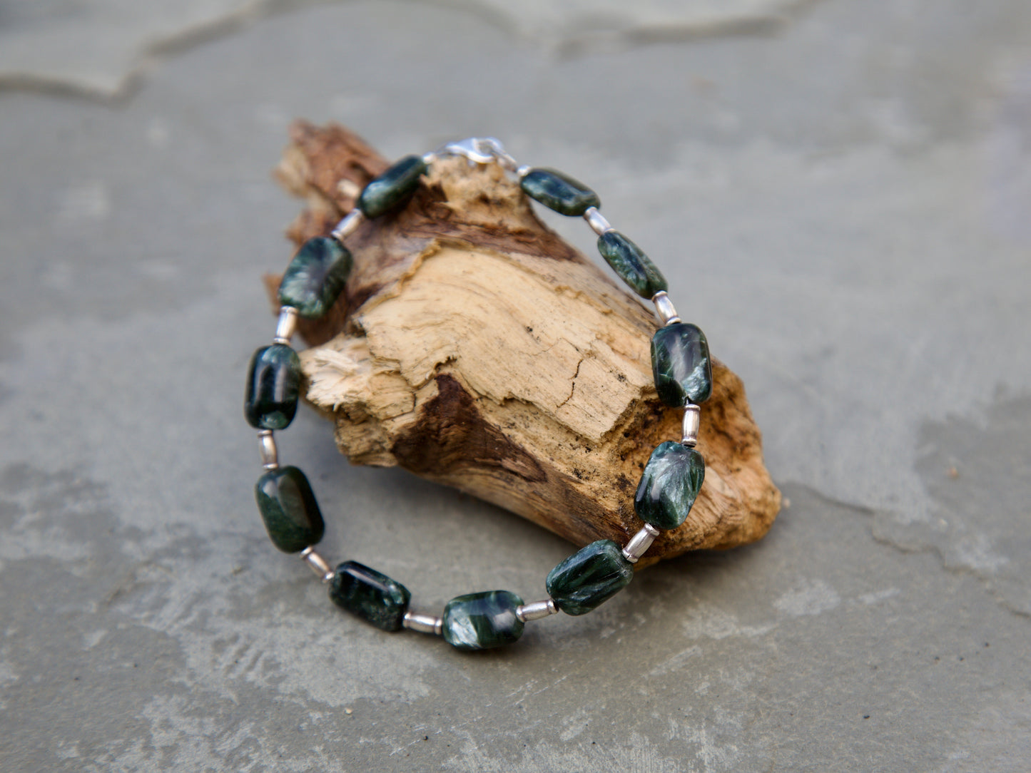 Seraphinite, Thai and Sterling Silver Bracelet to fit a 7.25 inch wrist