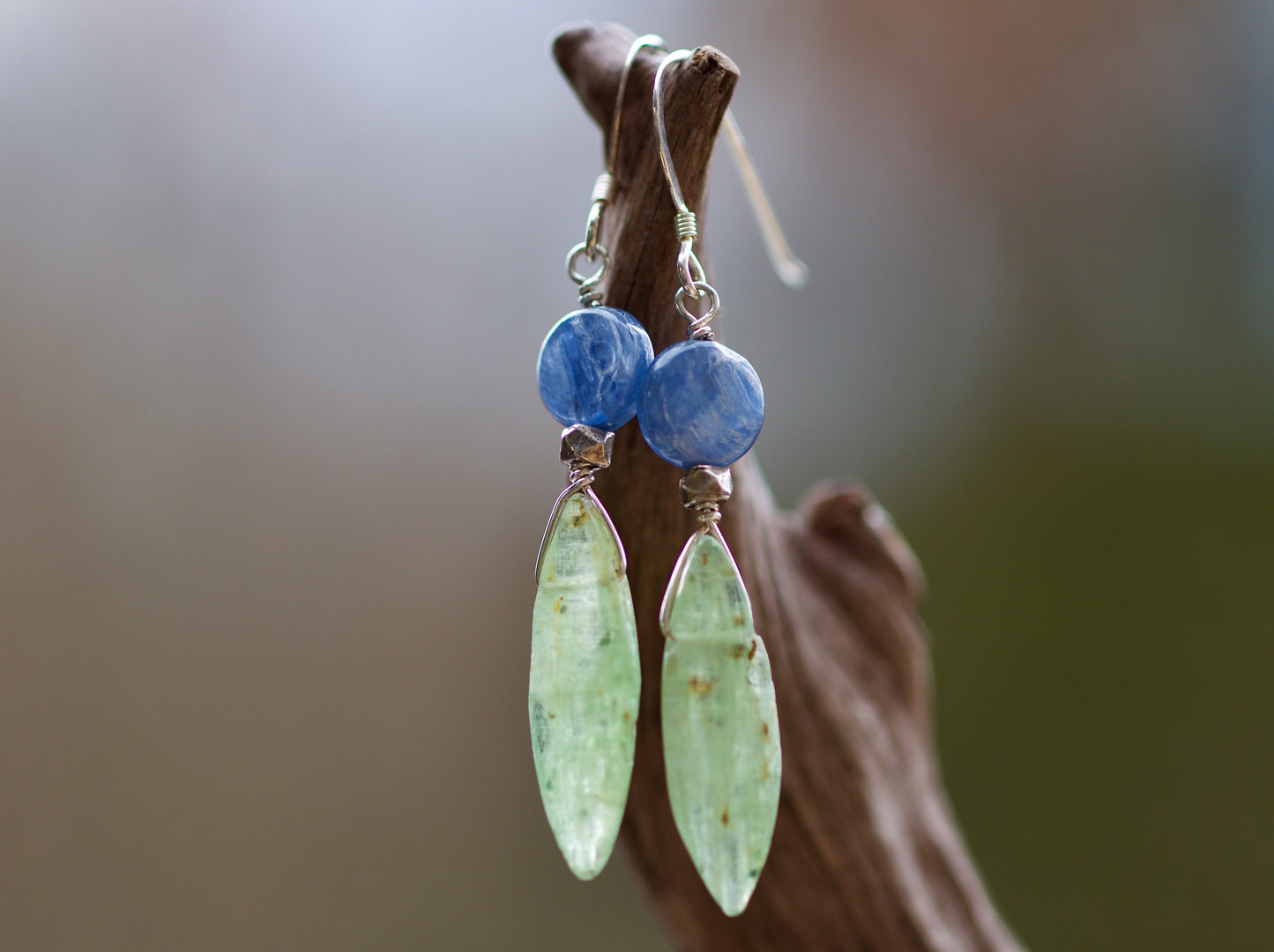 Blue Kyanite, Green Kyanite, and Sterling Silver Earrings