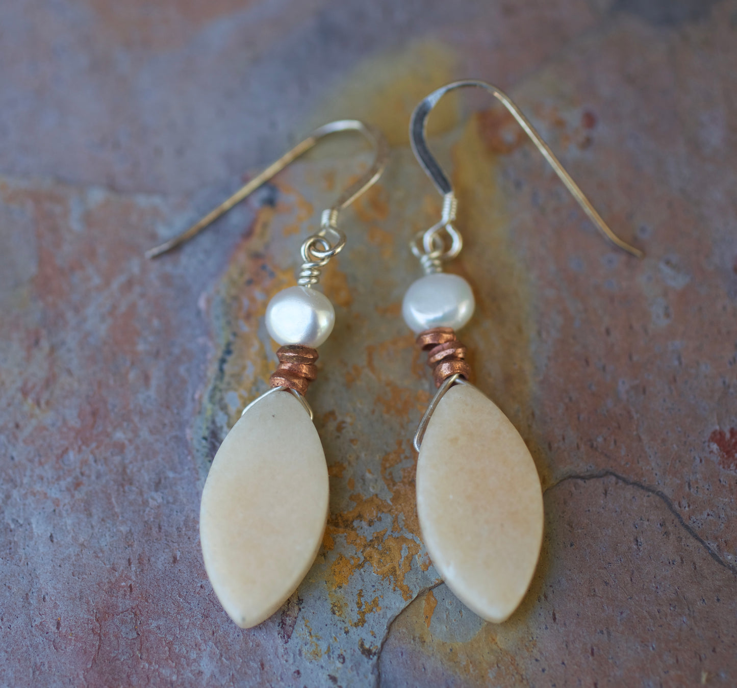 Sale! Freshwater Pearl, Copper, Peach Quartz, and Sterling Silver Earrings