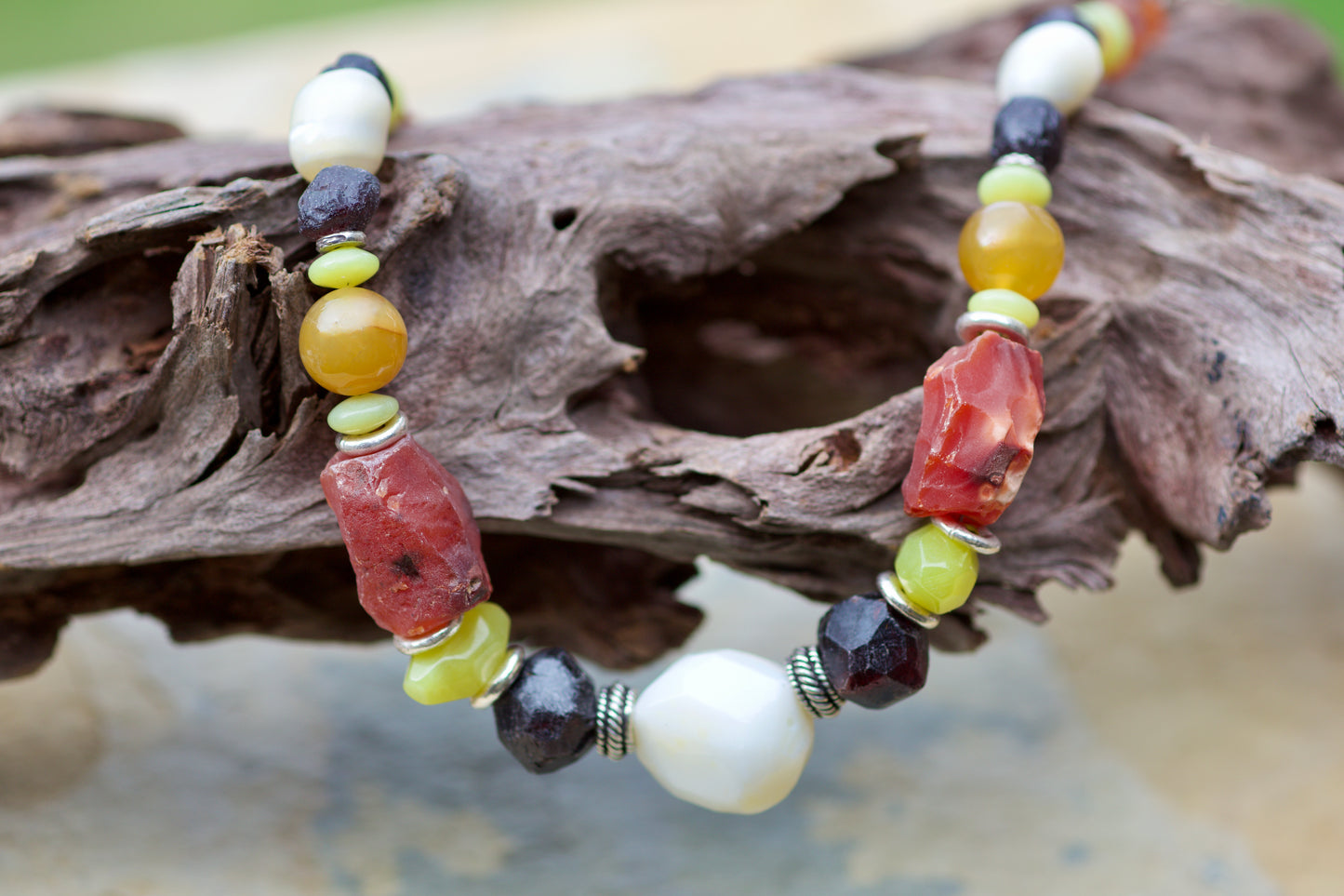 Adjustable Length Multi-stone Necklace with Raw Carnelian and Garnet, Thai and Sterling Silver