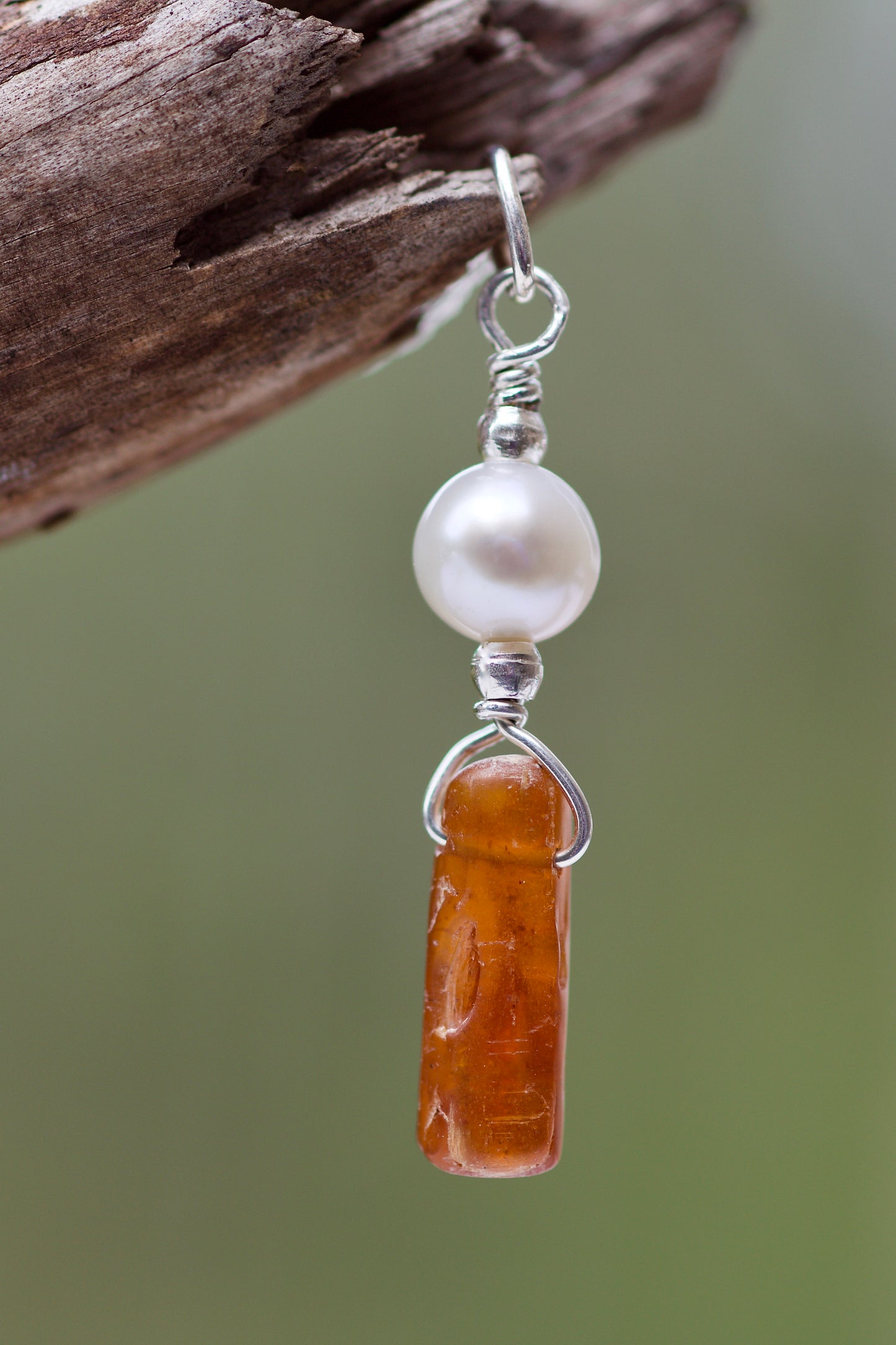 Freshwater Pearl, Orange Kyanite, and Sterling Silver Pendant Necklace