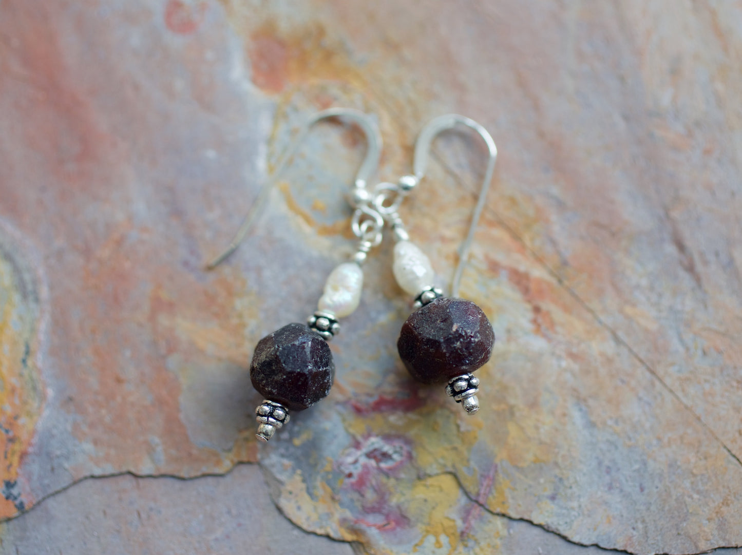 Freshwater Pearl, Garnet, and Sterling Silver Earrings