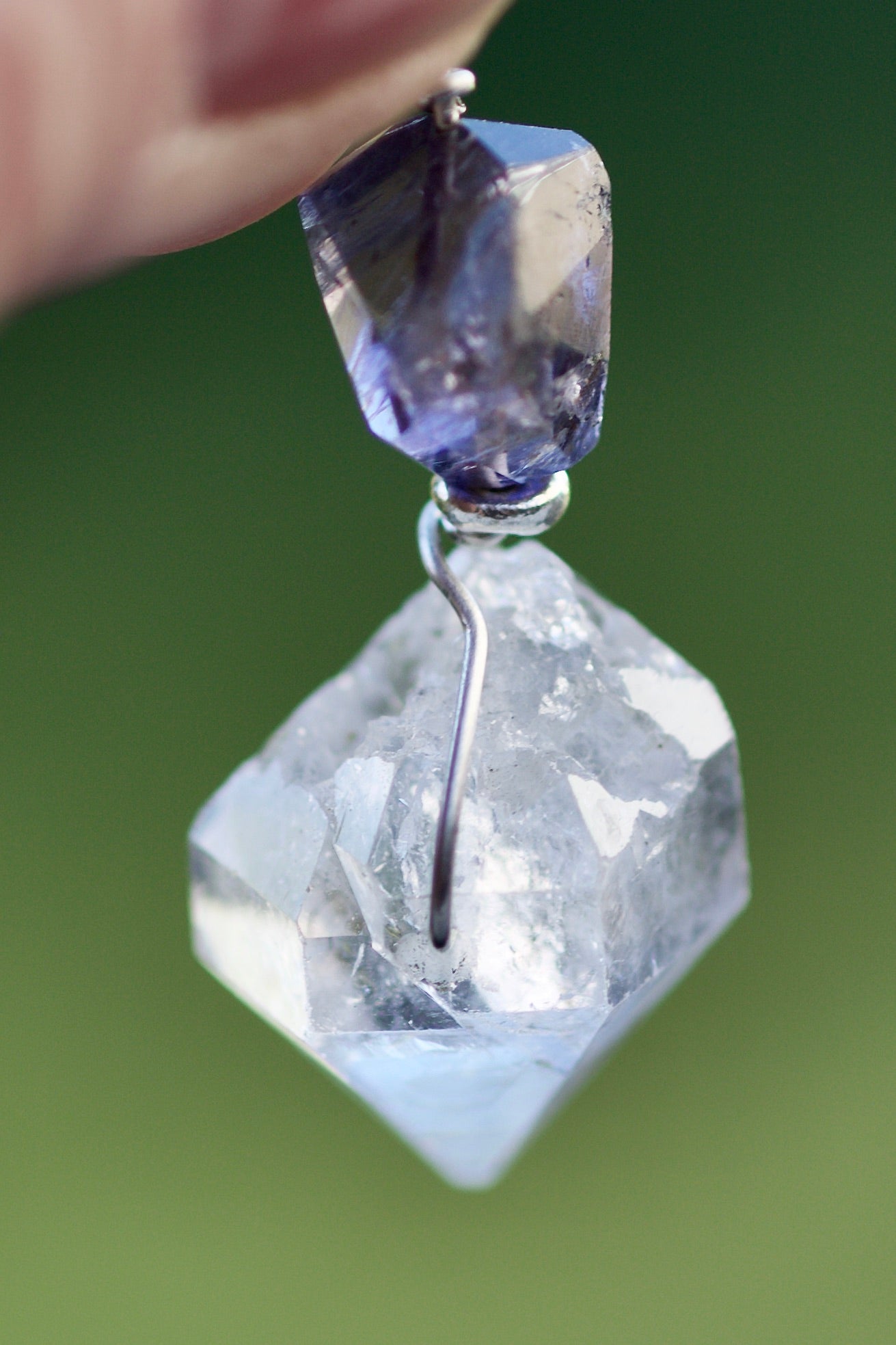 Double Termination Tibetan Quartz Crystal, Iolite, Thai and Sterling Silver Pendant Necklace