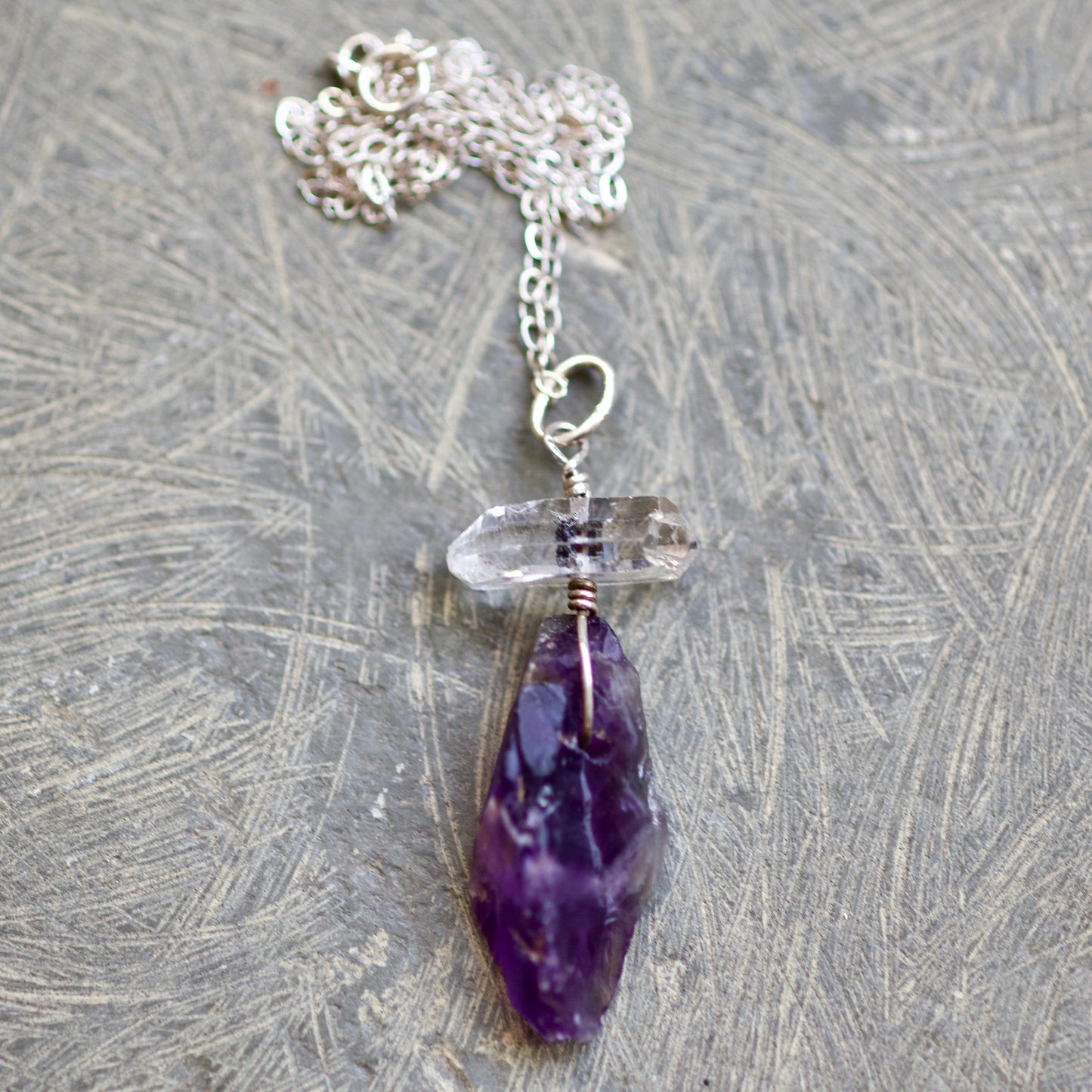 Double Termination Tibetan Clear Quartz Crystal with Black Mineral Inclusions, Raw Amethyst, and Sterling Silver Pendant Necklace