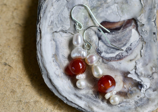 Freshwater Pearl, Carnelian, and Sterling Silver Earrings