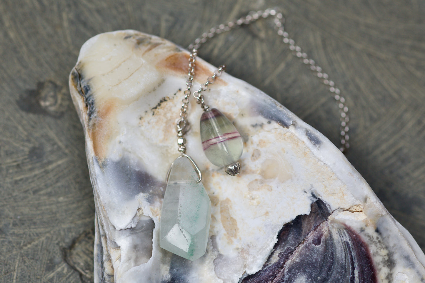 Fluorite, Green Phantom Quartz, Thai and Sterling Silver Double-sided Pendulum