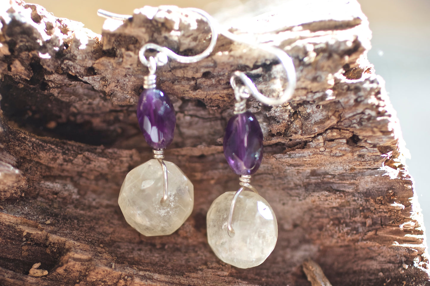 Amethyst, Colorless Calcite, and Sterling Silver Earrings