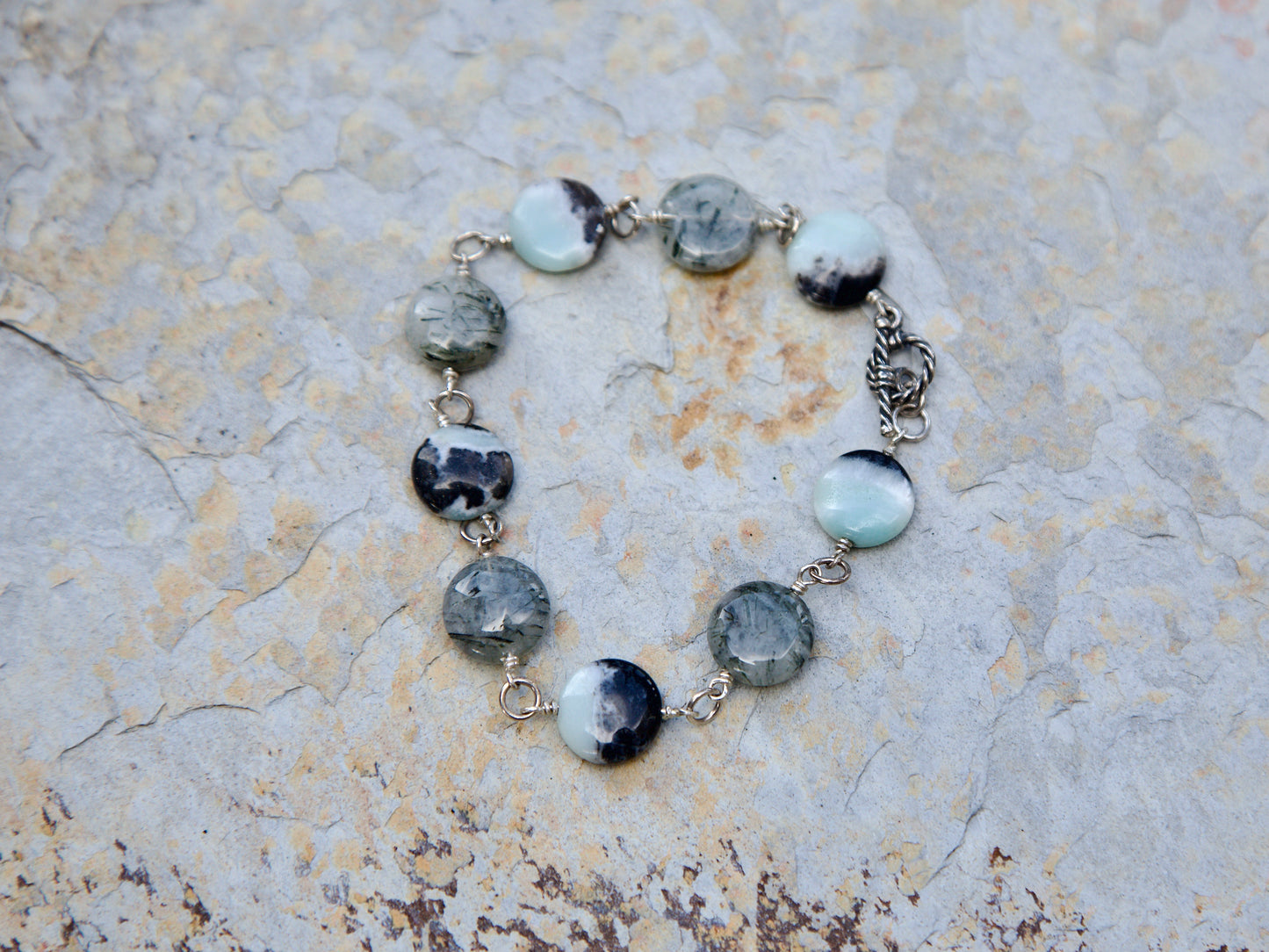 Sale! Pyrite in Amazonite, Tourmalinated Quartz, and Sterling Silver Bracelet, to fit a 7.5 inch wrist