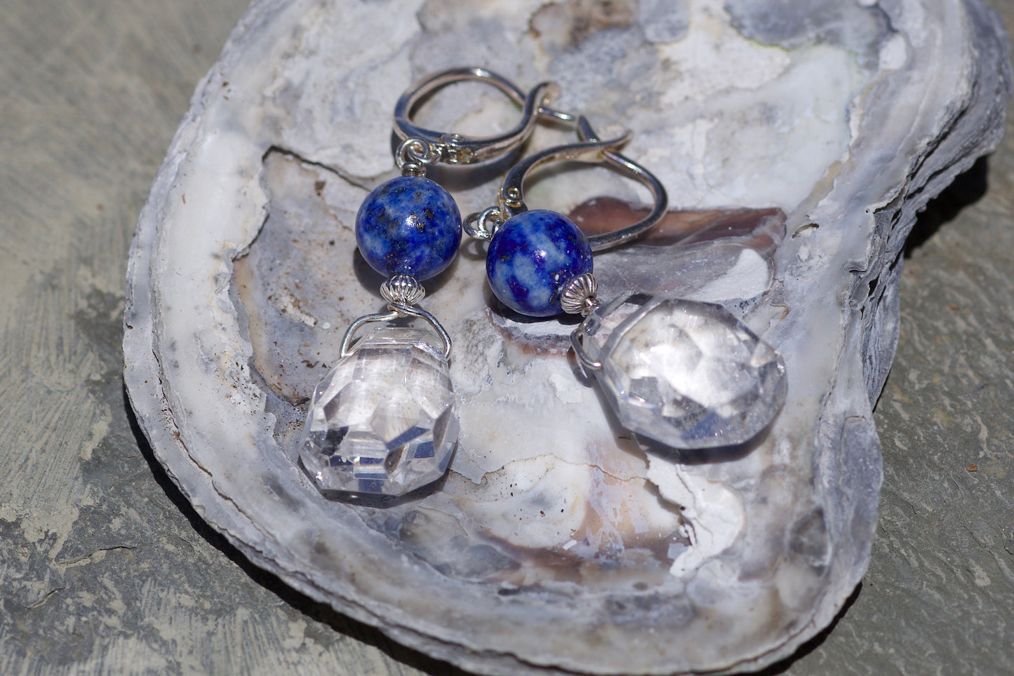 Lapis Lazuli, Faceted Clear Quartz, and Sterling Silver Earrings