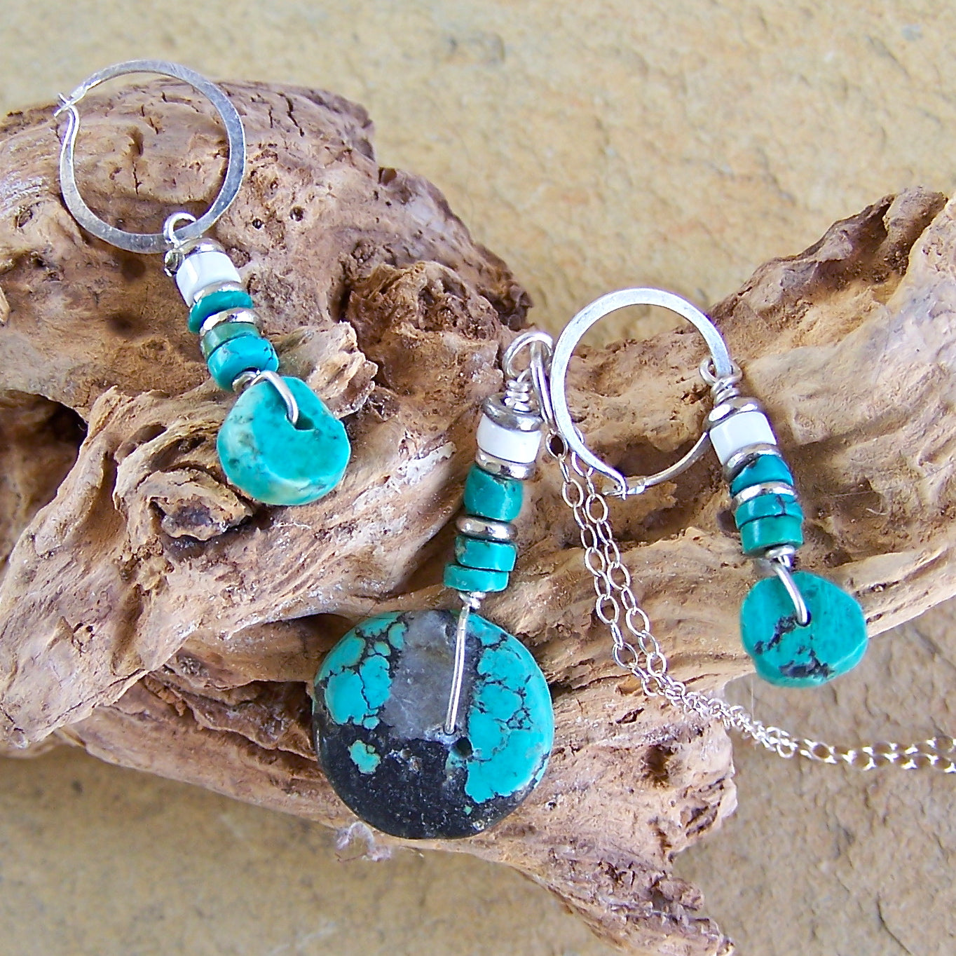 Turquoise, White Howlite, Nickel, Sterling Silver Hoop Earrings and Pendant Set