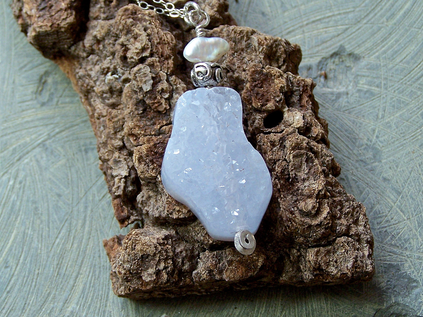 Sale! Drusy Blue Lace Agate, Freshwater Pearl, and Sterling Silver Pendant Necklace