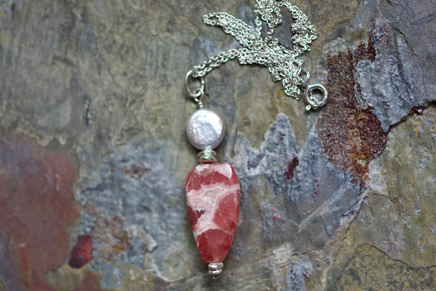 Coin Pearl, Rhodochrosite, Thai and Sterling Silver Pendant Necklace