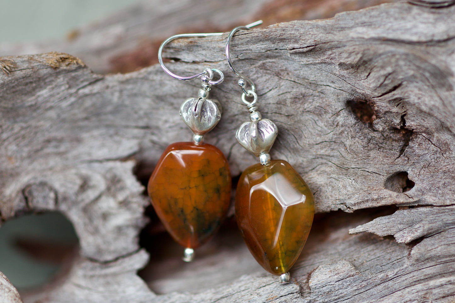 Agate, Thai and Sterling Silver Earrings