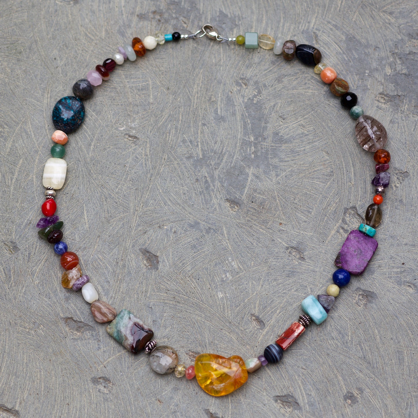 Multi-stone and Amber Sterling Silver Necklace