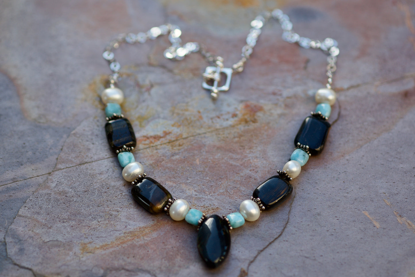 Hawk Eye (Blue Tiger Eye), Larimar, Freshwater Pearl, and Sterling Silver Necklace