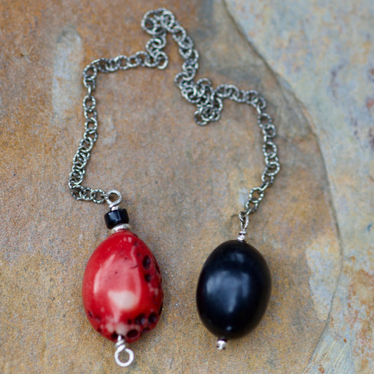 Jet, Obsidian, Red Coral, Thai and Sterling Silver Double-sided Pendulum