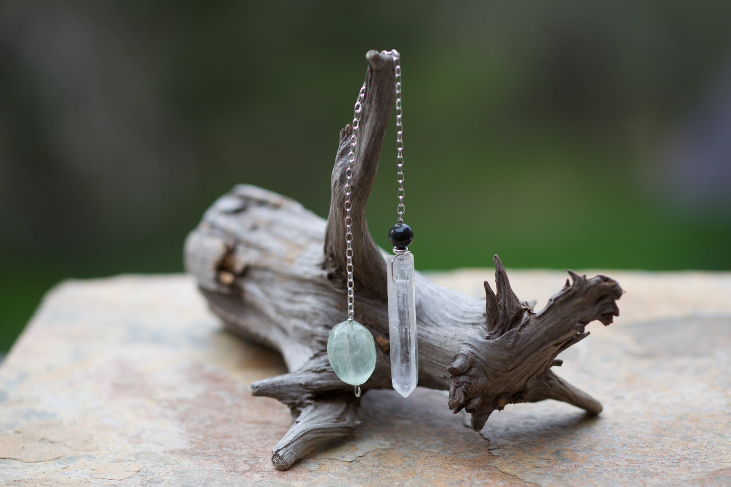 Green Fluorite, Blue Tiger Eye, Single Termination Clear Quartz Crystal, and Sterling Silver Double-sided Pendulum