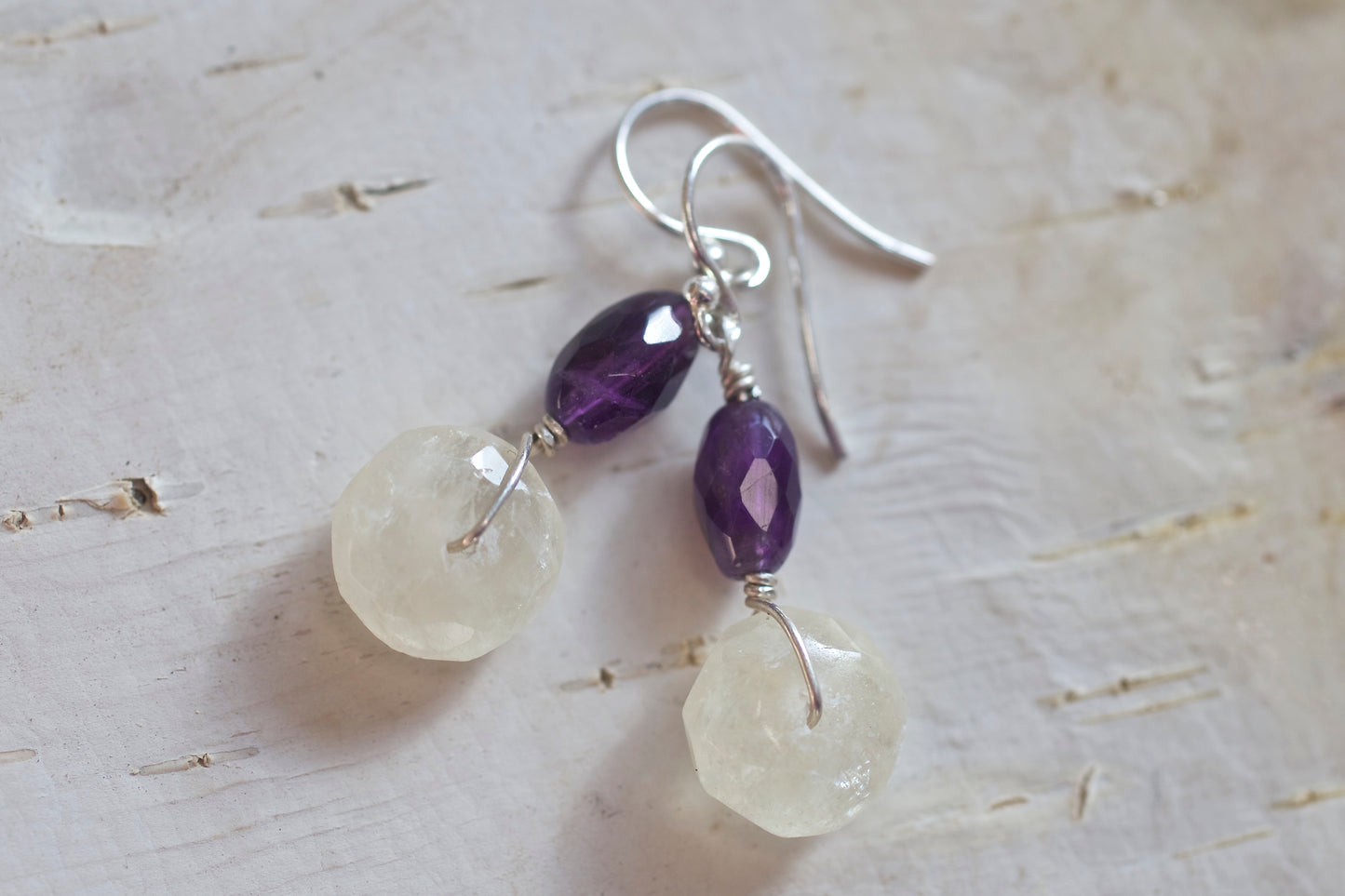 Amethyst, Colorless Calcite, and Sterling Silver Earrings