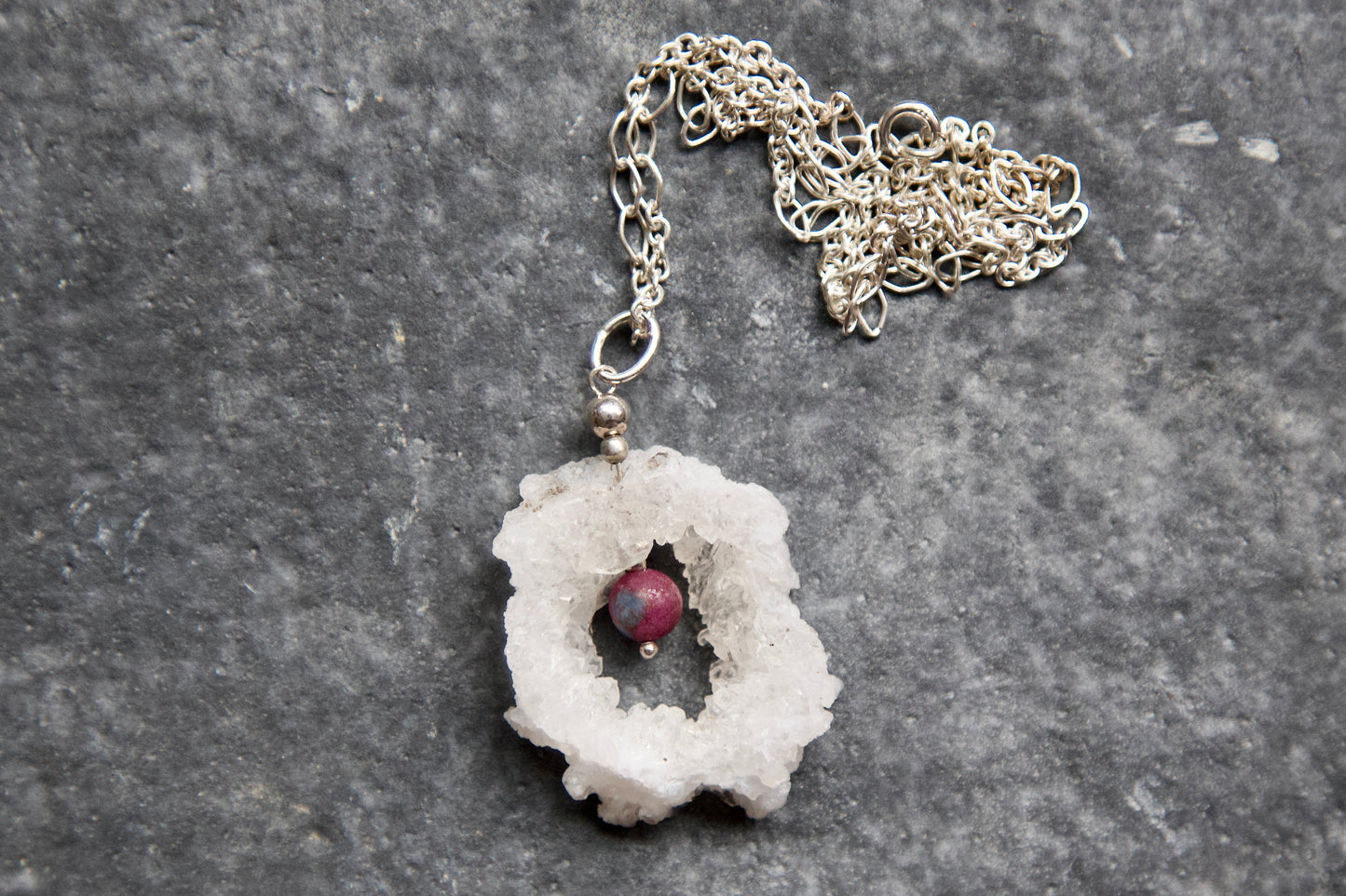 Clear Quartz Crystal Geode Slice, Ruby and Kyanite, and Sterling Silver Pendant Necklace