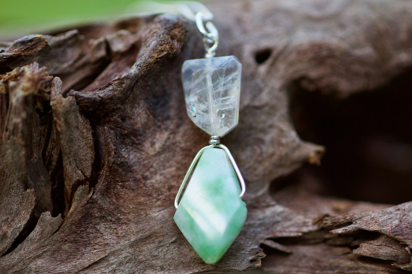 Rainbow Moonstone, Chrysoprase, and Sterling Silver Pendant Necklace