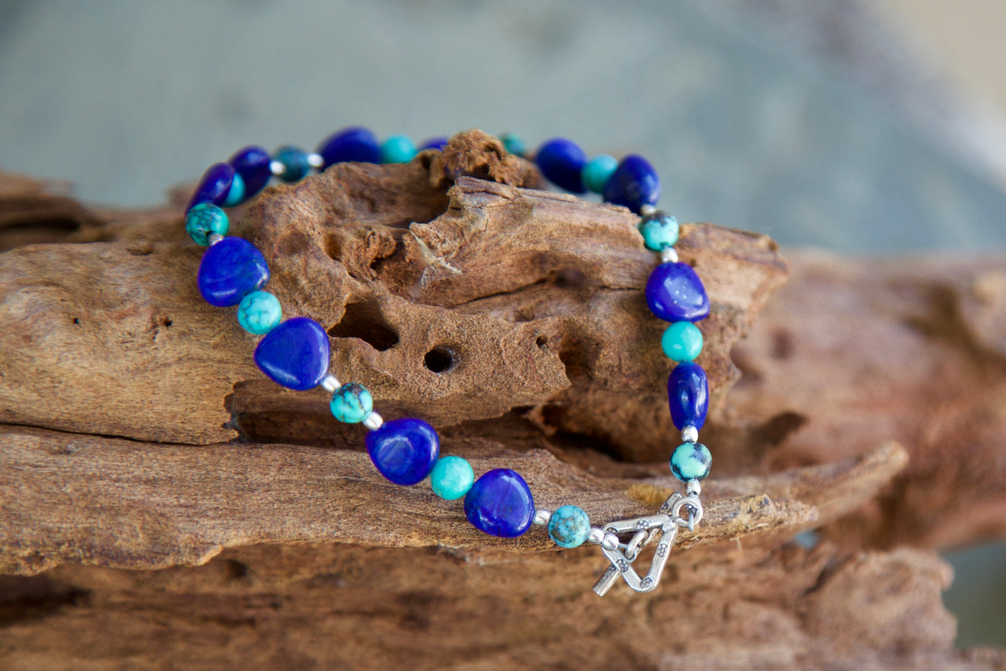 Lapis Lazuli, Turquoise, and Sterling Silver Bracelet to fit a 7.25 inch wrist