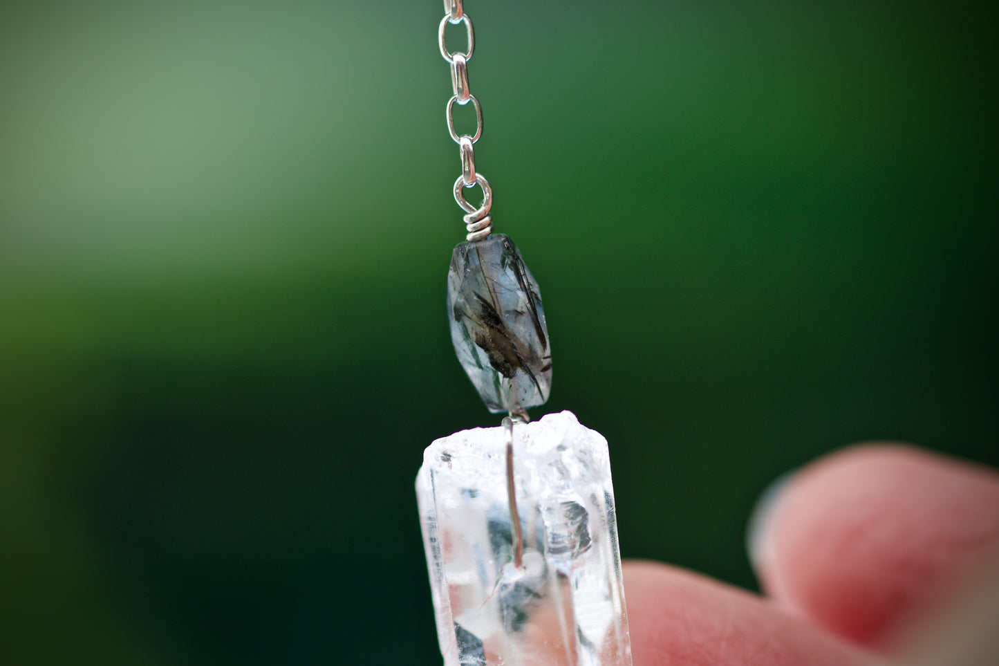Red Coral, Onyx, Tourmalinated Quartz, Single Termination Clear Quartz Shovel Crystal, and Sterling Silver Double-sided Pendulum
