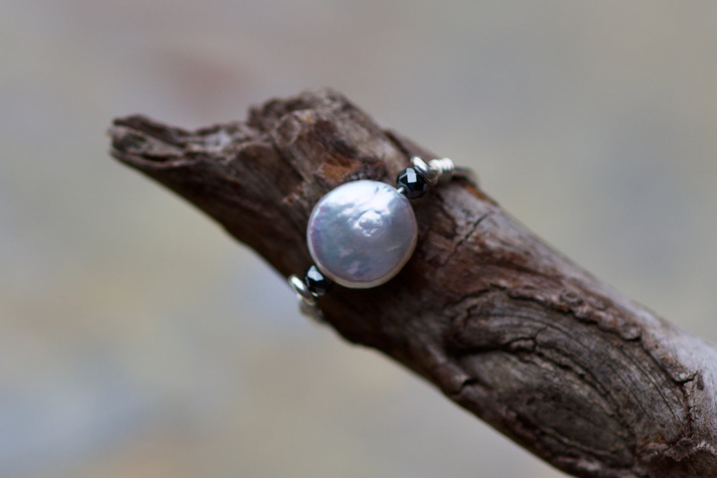 Freshwater Coin Pearl, Hematite, and Sterling Silver Wire Ring, size 8.5