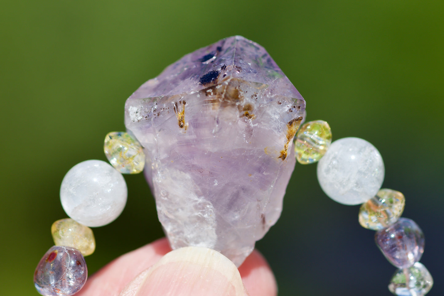 Amethyst Crystal Point with Inclusions, Clear Quartz, Milky Quartz, Iolite, and Sterling Silver Necklace