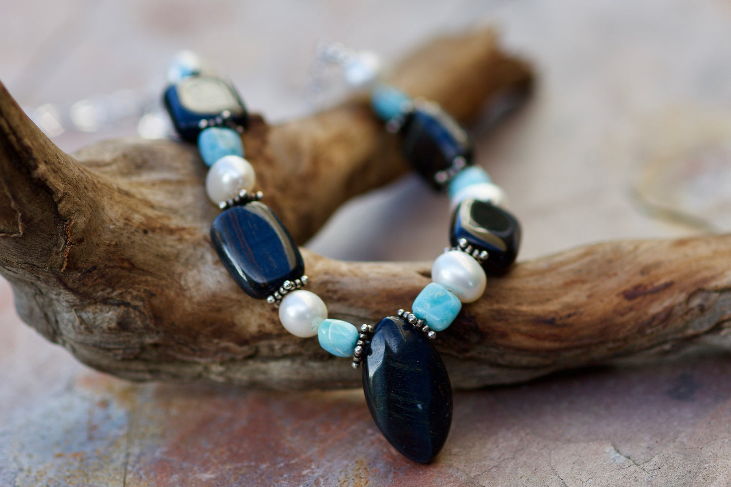 Hawk Eye (Blue Tiger Eye), Larimar, Freshwater Pearl, and Sterling Silver Earrings
