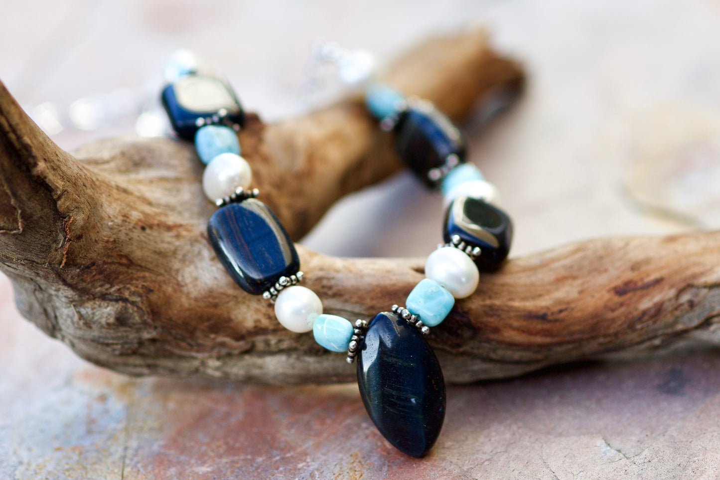 Hawk Eye (Blue Tiger Eye), Larimar, Freshwater Pearl, and Sterling Silver Necklace