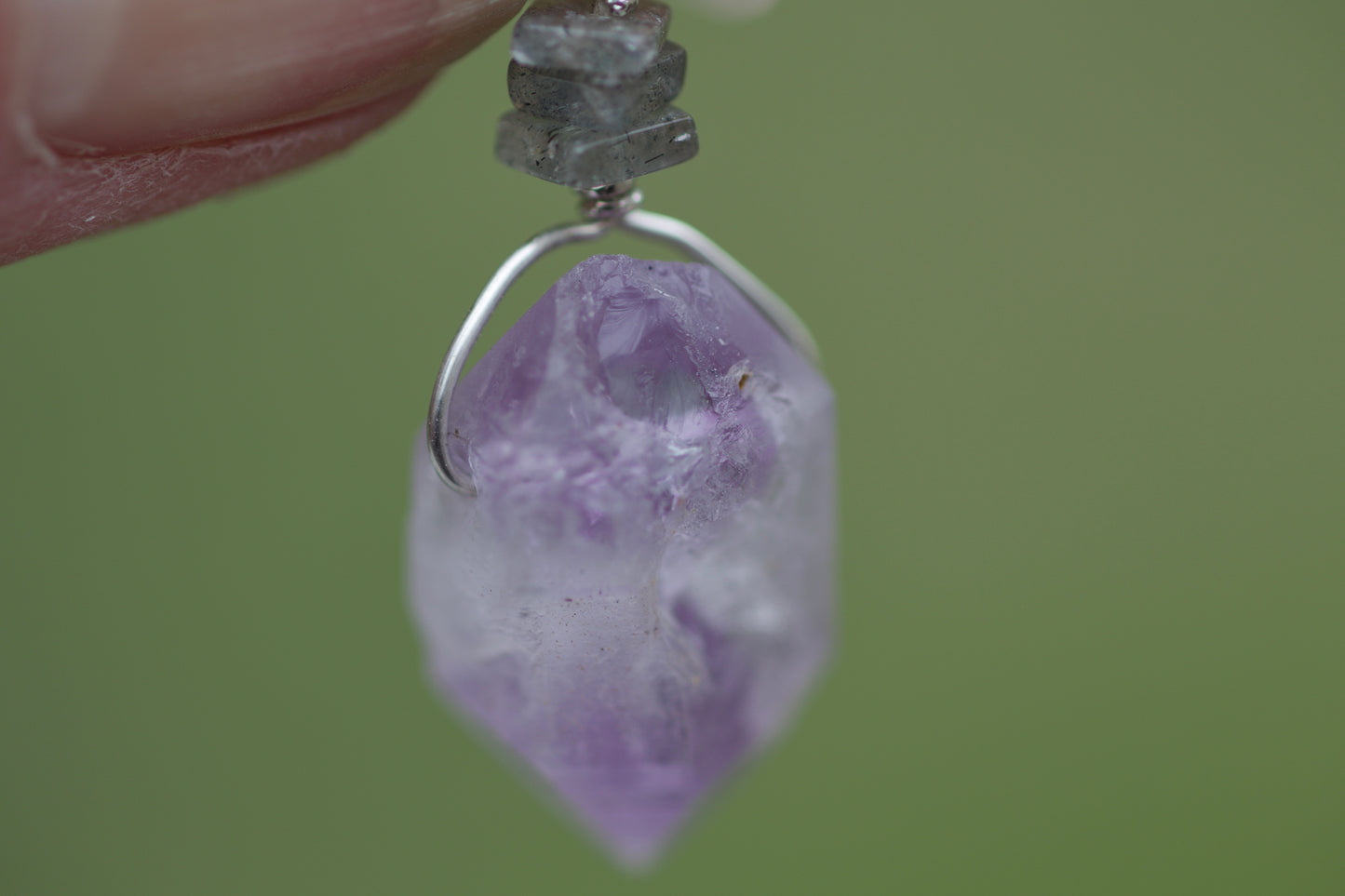 Double Termination Amethyst Crystal, Labradorite, and Sterling Silver Pendant Necklace