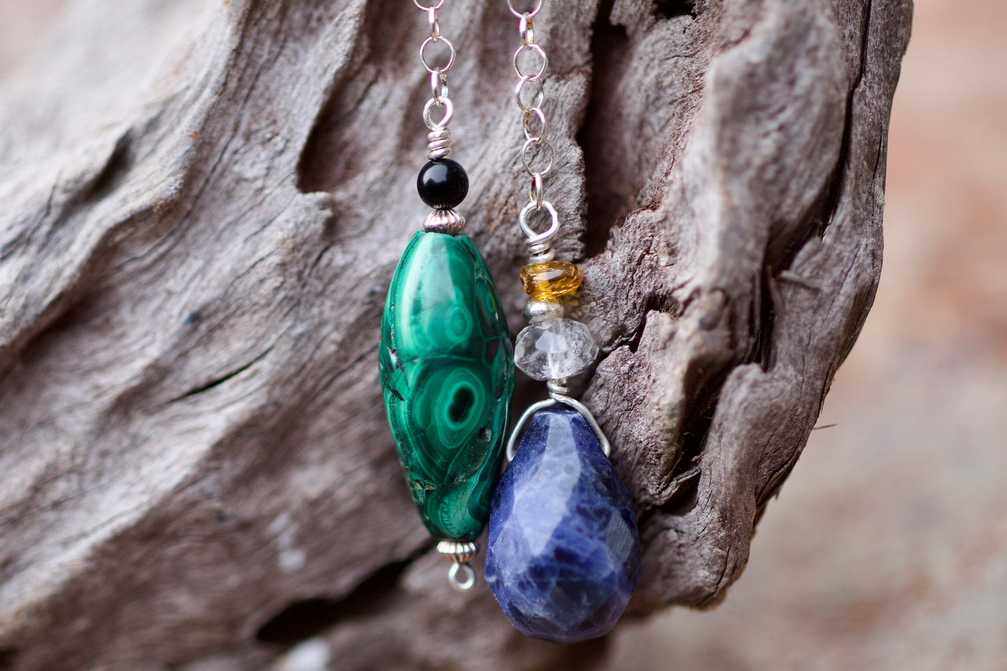 Amber, Clear Quartz, Sodalite, Obsidian, Malachite, and Sterling Silver Double-sided Pendulum