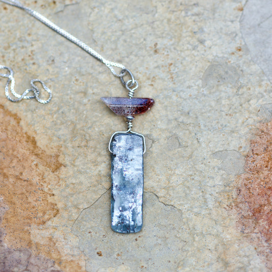 Harlequin /Fire/ Lepidocrosite Quartz, Blue Kyanite, and Sterling Silver Pendant Necklace