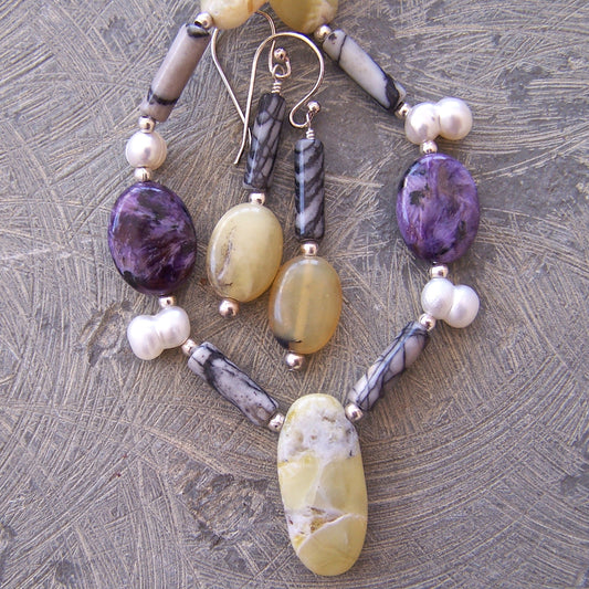 Yellow Opal, Black Webbed Jasper, Sugilite, Freshwater Pearl, Bali and Sterling Silver Necklace and Coordinating Earrings Set