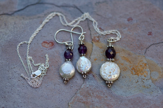 Amethyst, White Coin Pearl, and Sterling Silver Earrings and Pendant / Necklace Set