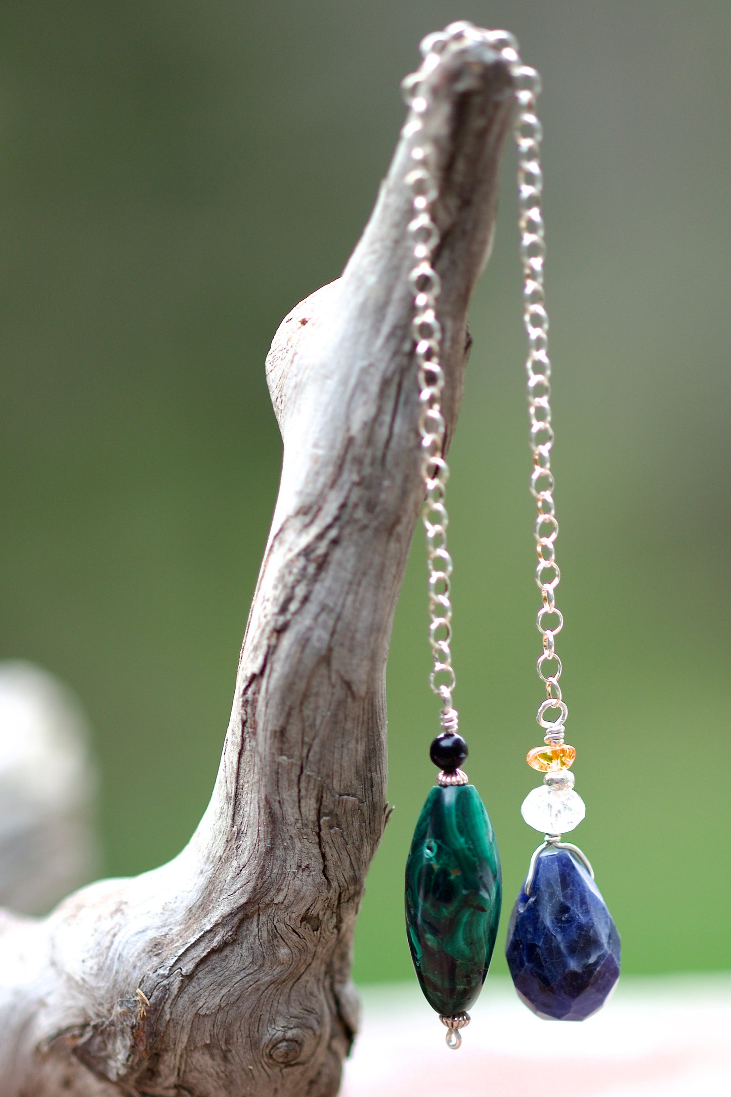 Amber, Clear Quartz, Sodalite, Obsidian, Malachite, and Sterling Silver Double-sided Pendulum