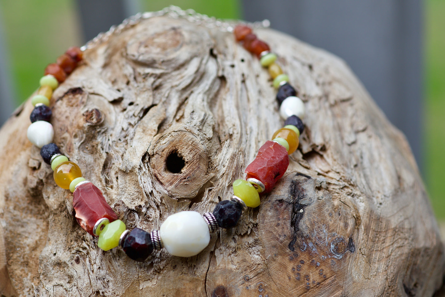 Adjustable Length Multi-stone Necklace with Raw Carnelian and Garnet, Thai and Sterling Silver