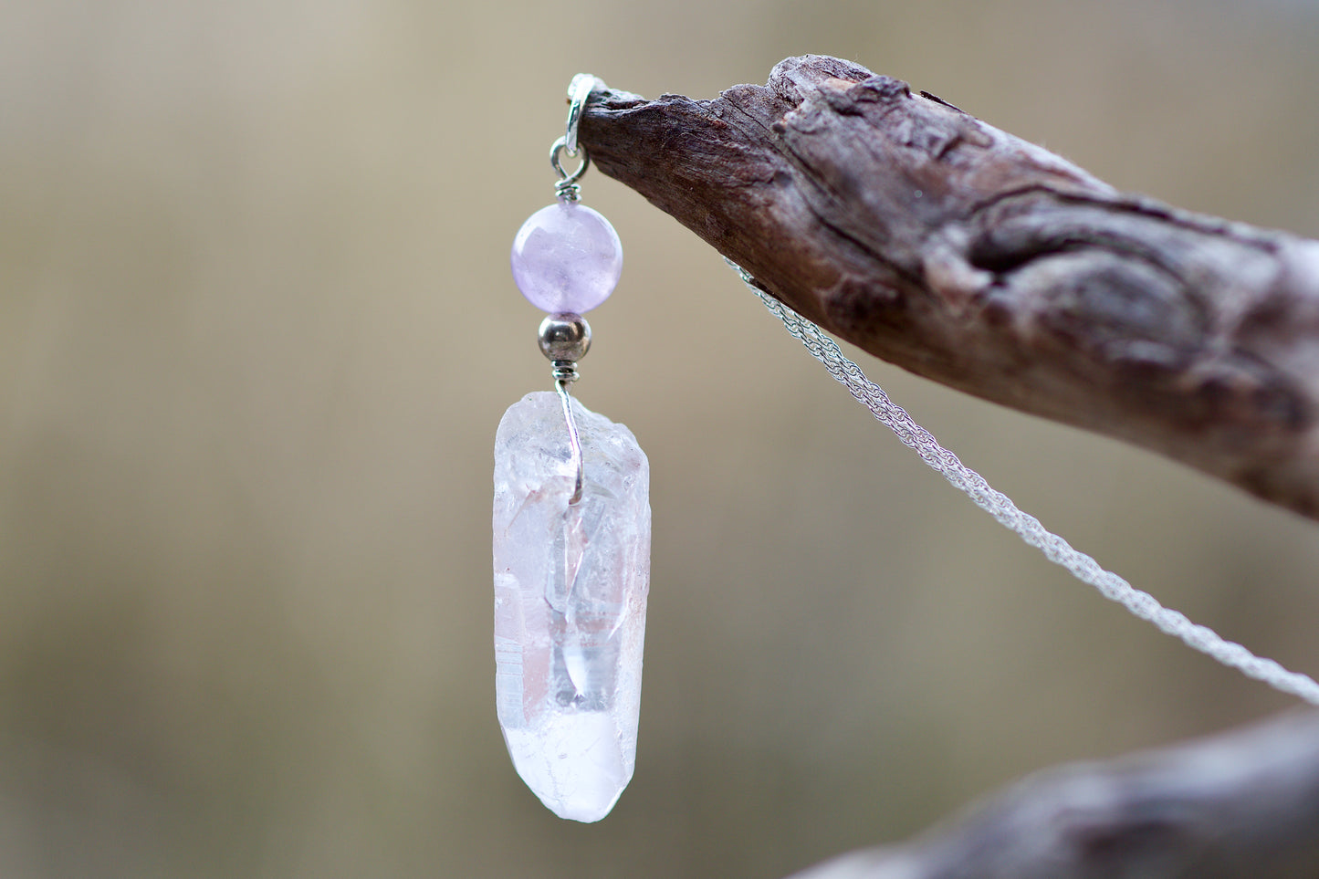 Clear Quartz Shovel Crystal with Pink Mineral Coating, Rainbow, and Future Time Link, Kunzite, and Sterling Silver Pendant Necklace