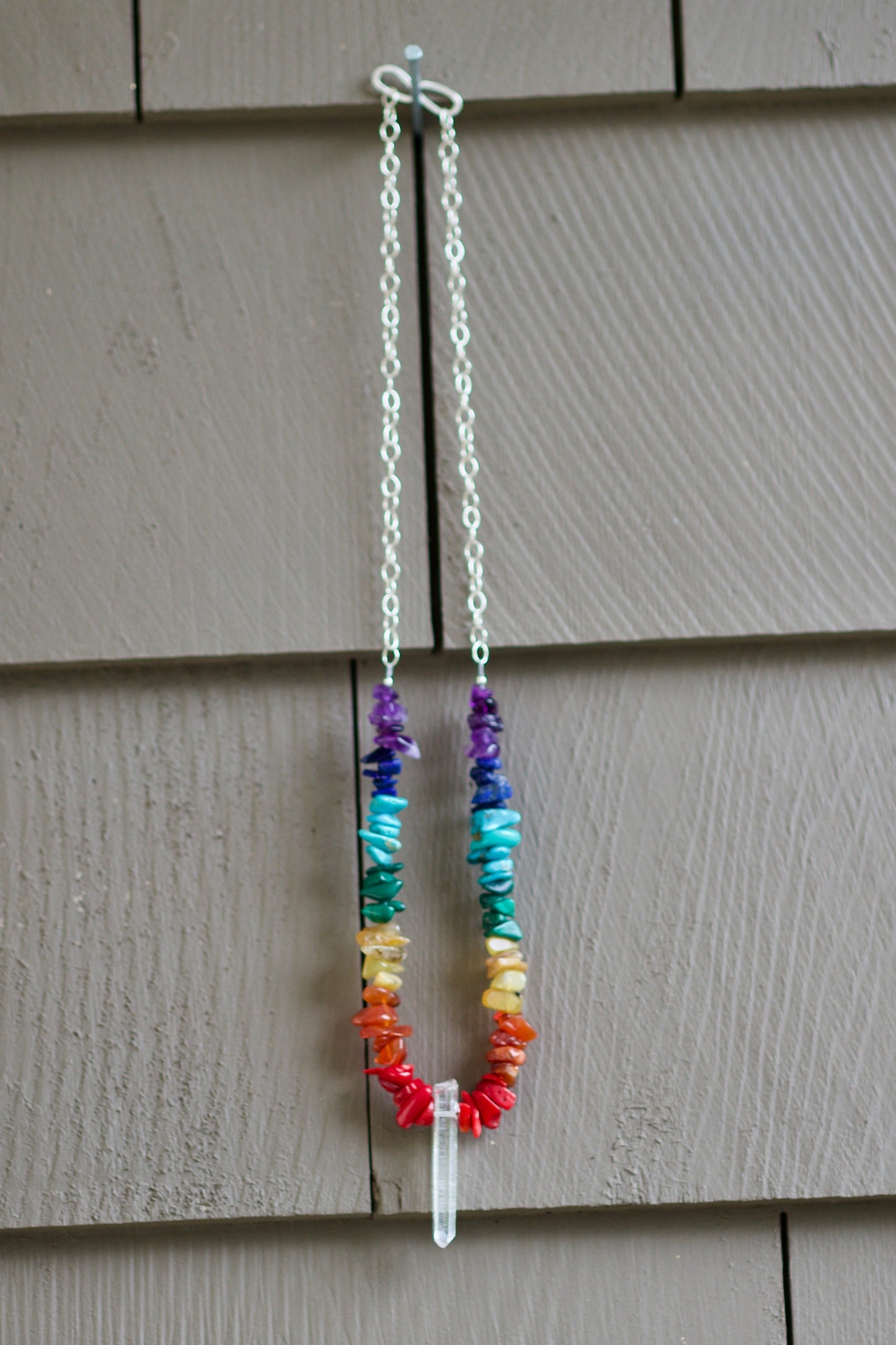 Rainbow / Pride / Chakra Stones, Clear Quartz Dow Crystal, and Sterling Silver Adjustable Length Necklace