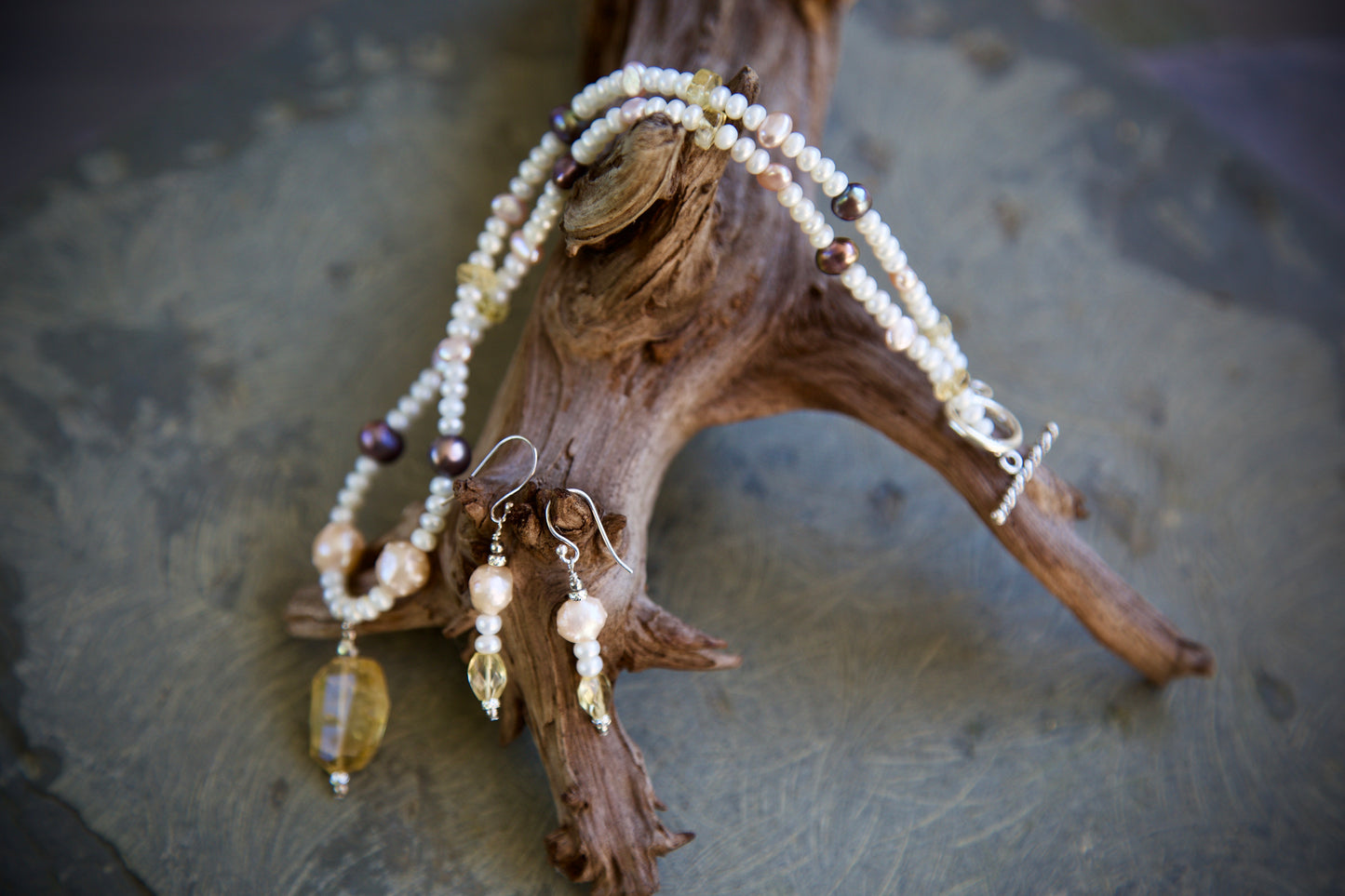 Salt Pearl, Freshwater Pearl, Citrine, and Sterling Silver Necklace and Earrings Set