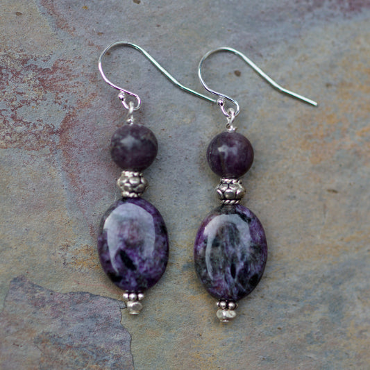 Charoite, Lepidolite, and Sterling Silver Earrings